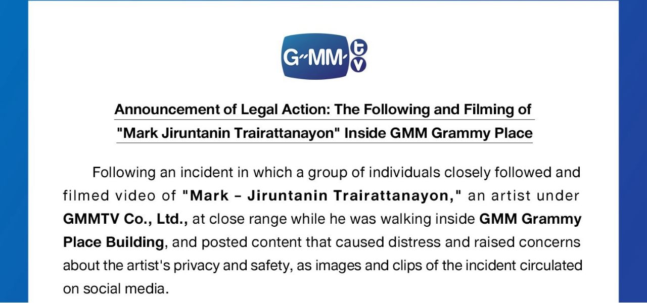 GMMTV Tempuh Jalur Hukum Terkait Perekaman Ilegal Aktor Mark Jiruntanin oleh Penguntit di Gedung GMM Grammy Place